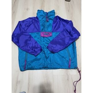 Vtg Retro Columbia Jacket Womens L Colorblock Teal Blue Windbreaker Pullover 90s